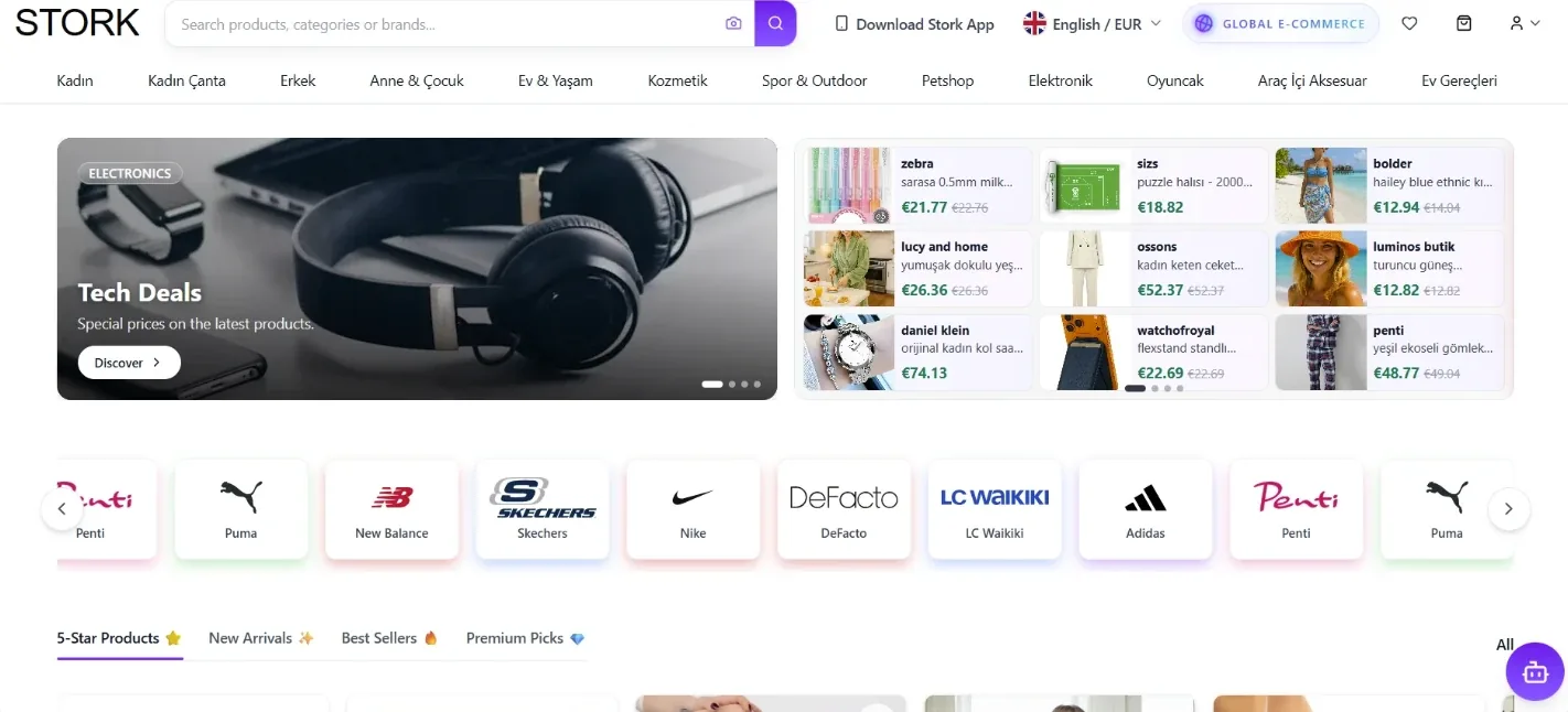 Multi-Brand E-Commerce-Storefront — Kunden finden in einem Klick, was sie suchen — Kategorien, Angebote und Markenkollektionen teilen sich einen Screen.