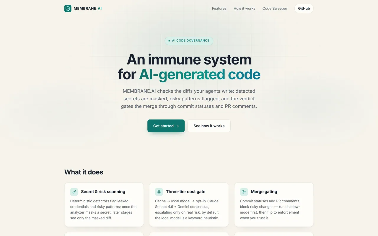 Membrane AI — Deponun tanıtım sayfası Membrane'i yapay zekâ kodu için bir bağışıklık sistemi olarak sunuyor; andığı yerel model varsayılanda anahtar kelime kontrolü, Claude + Gemini katmanı ise kapalı.