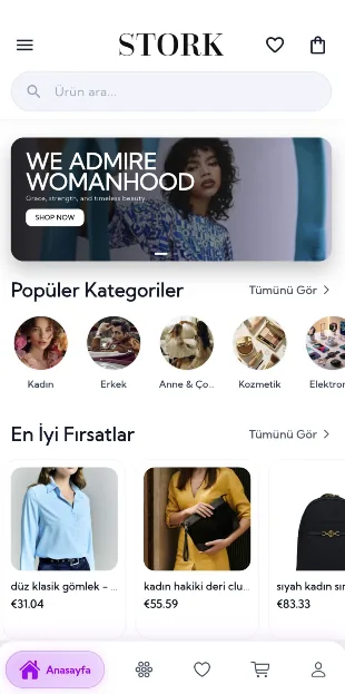 Stork App — Modernes, ruhiges Premium-Landing — jeder Hero-Banner hebt eine andere Kollektion hervor.