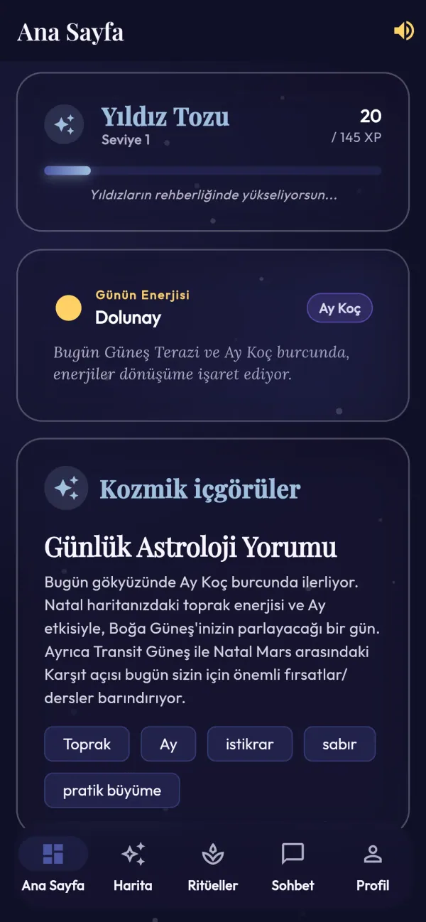 Universal AI Astro — Der Startbildschirm berechnet den heutigen Himmel – Vollmond im Widder – und verknüpft ihn mit dem Geburtshoroskop.